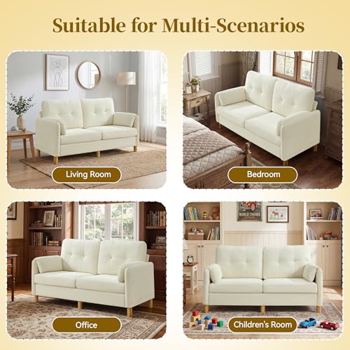 Mid Century Modern Couch, 65" Loveseat Sofa, Ivory | Storage Pockets, Upholstered Small Loveseat for Small Spaces, Bedroom, Home Office, Apartments - color: Beige
