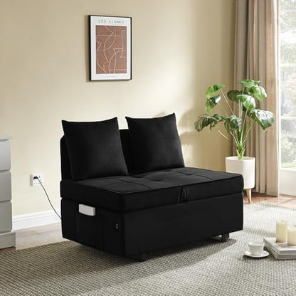 Convertible Sofa Bed 4-in-1 Pull Out Couch, Ottoman Bed Sleeper, Black | Velvet Love seat Couch Sleeper Chair Bed with USB Ports, 5 Adjustable Backrest and Pillow for Living Room Apartment Office - color: Black