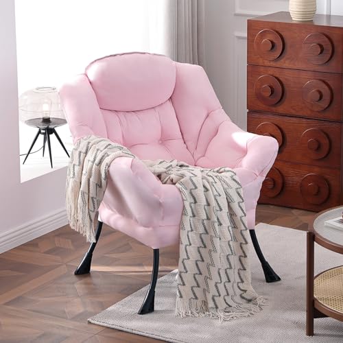 Lazy Chair, Comfy Reading Accent Chair for Bedroom, Pink | Comfy Bedroom Accent Chair with Washable Removable Cover and extra throw pillowfor Living Room Dorm - color: Pink-single