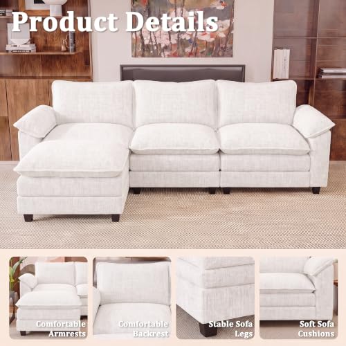 JUMMICO 118.9" L Shaped Sectional Couch, Modular Cloud Sofa, White | Comfy Chenille, Movable Ottoman, Deep Seat, Double Layer Cushion, 3 Seat, High-Density Foam, for Living Room - color: White, size: L Shaped Sofa