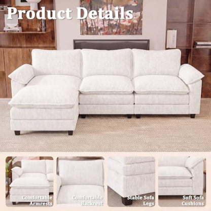JUMMICO 118.9" L Shaped Sectional Couch, Modular Cloud Sofa, White | Comfy Chenille, Movable Ottoman, Deep Seat, Double Layer Cushion, 3 Seat, High-Density Foam, for Living Room - color: White, size: L Shaped Sofa