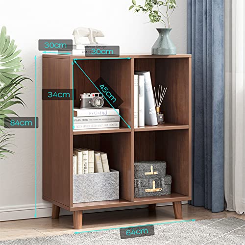 IOTXY Open Cubes Low Bookcase - 2-Tier 4-Cube Short Bookshelf in Walnut | Nordic Minimalist Style, MDF Material, Solid Wood Legs, Deep Storage Cubes, Free Standing Wooden Cabinet Organizer Unit - color: Walnut, size: 2-Tier 4-Cubes