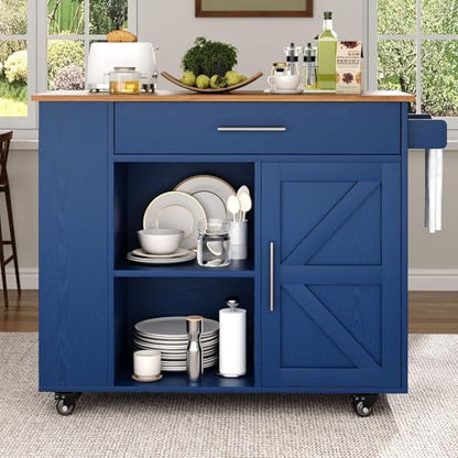 4 EVER WINNER 39" Rolling Kitchen Island with Storage and Drawer, Farmhouse Kitchen Island on Wheels with 3-Tier Spice Rack, Adjustable Shelf & Towel Rack, Mobile Kitchen Cart for Small Space, Blue - style: BLUE