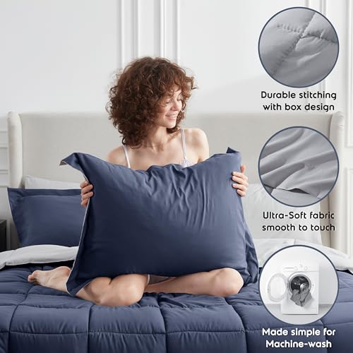 Nestl 7 Piece Full Comforter Set – Navy Reversible Bed in a Bag – Complete Full Size Bedding Set with Sheets, Pillowcases and Shams - color: Navy, size: Full