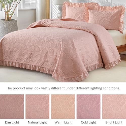 DJY Queen Size Quilt Sets, Ruffled Bedding Set, Blush Pink | Lightweight Modern Pattern Bedspreads, Bed Cover for All Seasons, 96''x90''- 3 Piece (1 Quilt, 2 Pillow Shams) - color: Pink, size: Queen