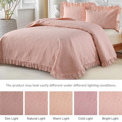 DJY Queen Size Quilt Sets, Ruffled Bedding Set, Blush Pink | Lightweight Modern Pattern Bedspreads, Bed Cover for All Seasons, 96''x90''- 3 Piece (1 Quilt, 2 Pillow Shams) - color: Pink, size: Queen