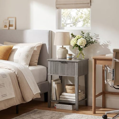 FuniXpress Small Nightstand, 15" Wide, Drawer Shelf, Weathered Gray Fluted | Weathered gray tone, clean fluted front, 11.8-inch slim depth, smart storage, fits guest rooms or small spaces - color: Weathered Gray