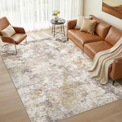 Nakagishi 6X9 Abstract Washable Area Rugs for Living Room-Golden Brown | Modern Non-Slip Silicone Backing Low Pile Soft Carpet for Bedroom Dining Decor for Families with Kids and Pets - color: Brown, size: 6' x 9' (Rectangular)