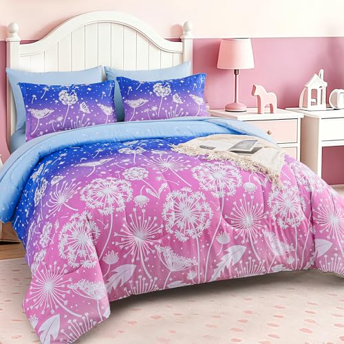 Dinjoy Girls Comforter Set 7 Pieces, Queen Size Colorful Ombre Rainbow Bedding Set, Bed in A Bag for Kid Teen Girls (1 Comforter, 1 Flat Sheet, 1 Fitted Sheet, 2 Pillow Shams, 2 Pillowcases) - color: Ombre Pink Blue, size: Queen