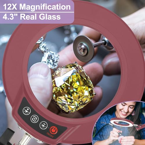 12X Magnifying Glass with Light and Clamp, Real Glass Lens Lighted Magnifier with Stand, 5 Color Modes LED Dimmable Magnifying Desk Lamp Hands Free for Crafts Painting Sewing Close Work - Red - color: Red, size: 12X 17.8inch Clamp