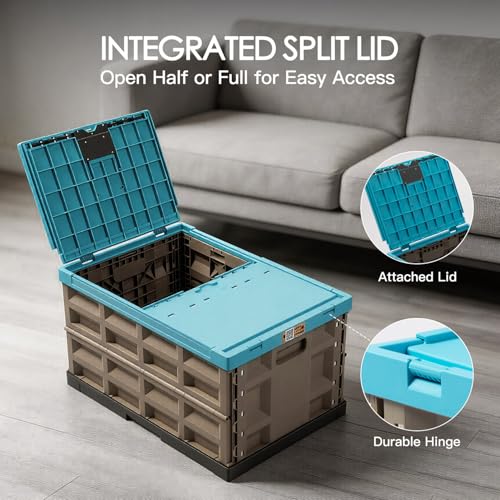 Heavy Duty Collapsible Storage Bins, Attached Lids, 12 Gal, 2 Pack | 400 LBS Stacking Strength, Secure Slide Lock, Durable PP Plastic, For Garage / RV / Car Trunk / Moving - color: Blue - 45L - Pack of 2