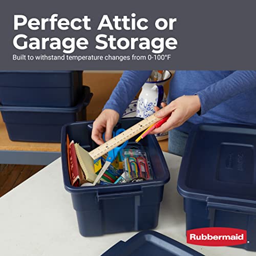 Rubbermaid Roughneck Tote 3 Gal, 6 Pack, Made in USA, Dark Indigo Metallic, Rugged Plastic Stackable Storage Bins with Lids and Handles - size: 3 Gal - 6 Pack