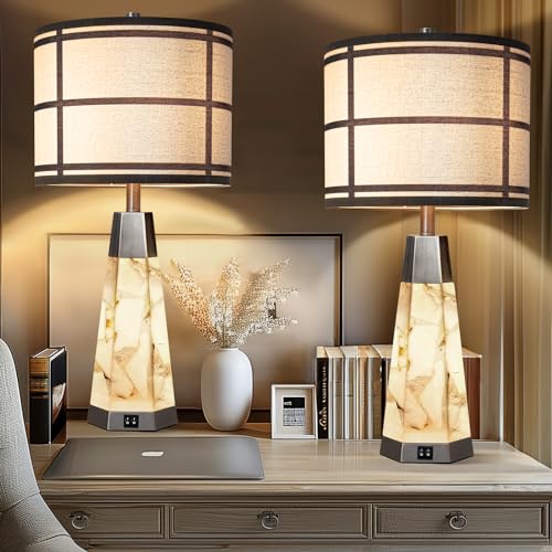 KIVDITZO 27" Alabaster Bedside Table Lamps Set of 2 with Night Light | Bedroom Lamps with Night Light, Living Room Lamps with USB A+C Ports, Table Lamp with Linen Shade for Bedside, Bulbs Included - color: Bronze