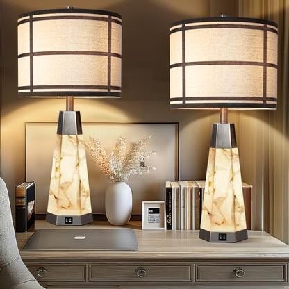 KIVDITZO 27" Alabaster Bedside Table Lamps Set of 2 with Night Light | Bedroom Lamps with Night Light, Living Room Lamps with USB A+C Ports, Table Lamp with Linen Shade for Bedside, Bulbs Included - color: Bronze