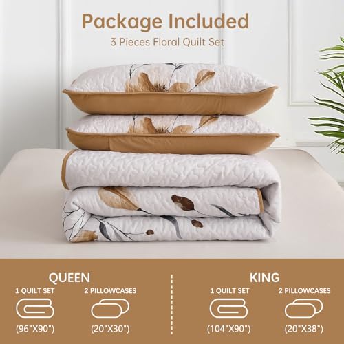 Mybedsoul Full/Queen Quilt Set Brown, 3 Pcs Fall Bedspreads & Coverlets Set | Summer Lightweight Farmhouse Botanical Bedding Set with 2 Shams, Reversible Polyester Coverlet Set for All Seasons, 96"x90" - color: Brown, size: Queen96"x90"