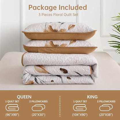 Mybedsoul Full/Queen Quilt Set Brown, 3 Pcs Fall Bedspreads & Coverlets Set | Summer Lightweight Farmhouse Botanical Bedding Set with 2 Shams, Reversible Polyester Coverlet Set for All Seasons, 96"x90" - color: Brown, size: Queen96"x90"