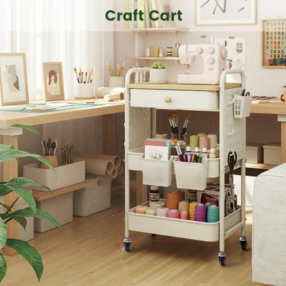 Rolling Utility Cart with Drawer, 3 Tier Rolling Cart with Wheels, Hooks & Hanging Cups, Craft Cart Art Cart Snack Cart Rolling Storage Cart with Wooden Table Top & DIY Pegboards, White