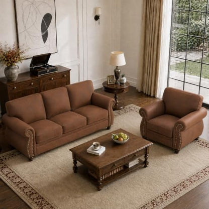 88" W Living Room Furniture Sets, 3-Seater&Single, Caramel Rust | Faux Leather Fabric Sofa and Couch Sets, Mid-Century 3-Seater Sofa Set with Nailhead Trim - color: Caramel Rust, size: M-4 seat