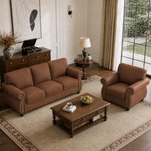 88" W Living Room Furniture Sets, 3-Seater&Single, Caramel Rust | Faux Leather Fabric Sofa and Couch Sets, Mid-Century 3-Seater Sofa Set with Nailhead Trim - color: Caramel Rust, size: M-4 seat