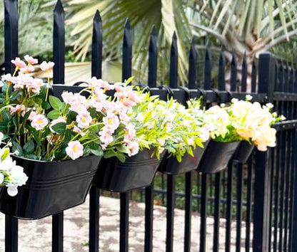 10" Metal Hanging Planter for Railing with Detachable Hooks, Black, 2 Pcs | Removable hook, Drainage hole, Rustproof, For flowers / herbs / succulents, veggies, For railings / fences / balconies - color: Black