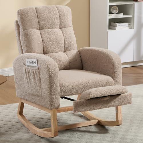 Rocking Chair Nursing, Rocker Chair with Footrest (Brown) | Teddy Boucle Upholstered Accent Reading Chair with High Back & Side Pocket for Living Room Bedroom Nursery Office - color: Brown