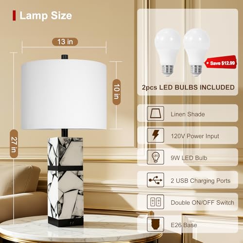 Scenekoy 27" Alabaster Table Lamp Set of 2 with Night Light for Living Room | Nightstand Lamps with Linen Shade, Modern Bedroom Lamps with USB A+C Ports for Living Room Bedroom Office (Bulb Included) - color: Black