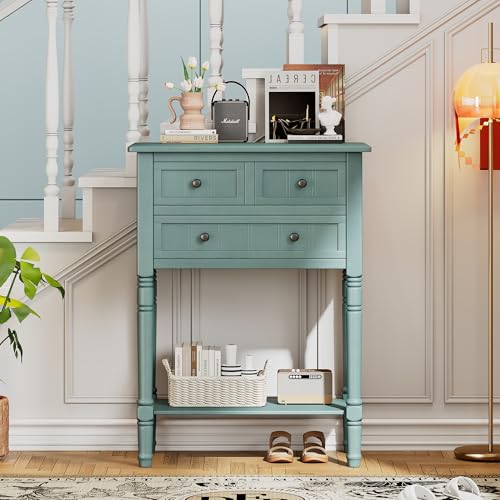 Merax Narrow Console Table, Elegant Slim Sofa Table With Three Storage Drawers and Bottom Shelf for Entryway, Hallway, and Living Room (Light Blue) - color: Light Blue