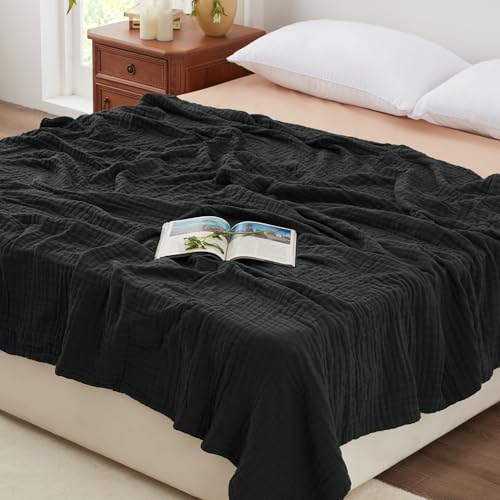 Love's cabin 100% Cotton Muslin Blanket, 6 Layer Lightweight Breathable Gauze Queen Size Blanket 90 x 90 Inches, Soft All Season Blanket for Bed, Black - color: Black, size: Queen(90"x90")
