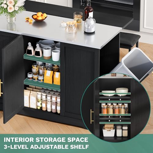 YITAHOME Kitchen Island with Seating | 47" Mobile Storage Island with Trash Can, Drop Leaf & Stainless Steel Countertop, 2 Stools, Spice Rack, Black