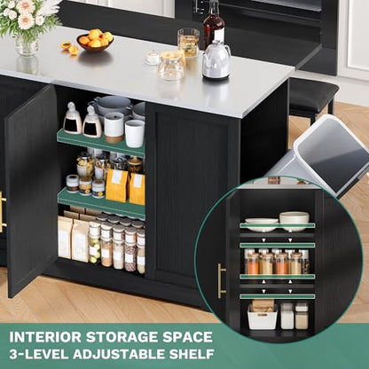 YITAHOME Kitchen Island with Seating | 47" Mobile Storage Island with Trash Can, Drop Leaf & Stainless Steel Countertop, 2 Stools, Spice Rack, Black