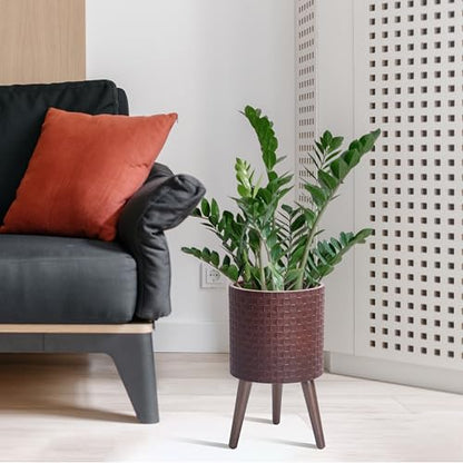 D'vine Dev Planter Pot with Wood Stand, 10 in, Espresso, 88-Z-B-6 | Mid-Century Modern Style, Elevated Plant Display, Drainage Hole and Plug, Functional & Stylish, Modern Indoor Planter - color: Espresso, size: Medium
