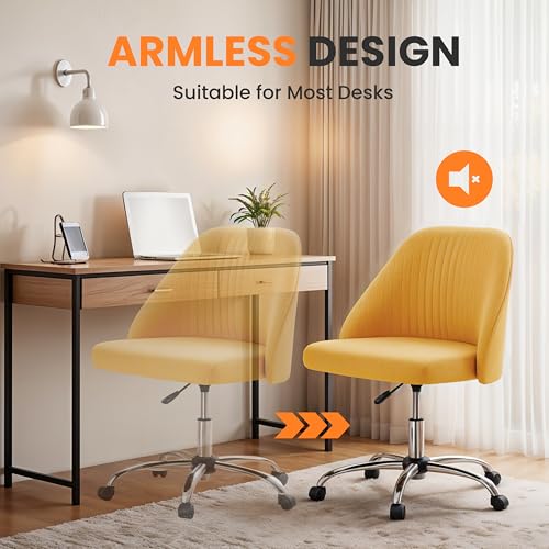 Simple Deluxe Armless Office Desk Chair, Modern Cute Swivel Vanity Chair Comfy Home Office Chairs with Wheels Height Adjustable Rolling Computer Task Stools for Living Room, Make-up, Bedroom, Yellow - color: Yellow
