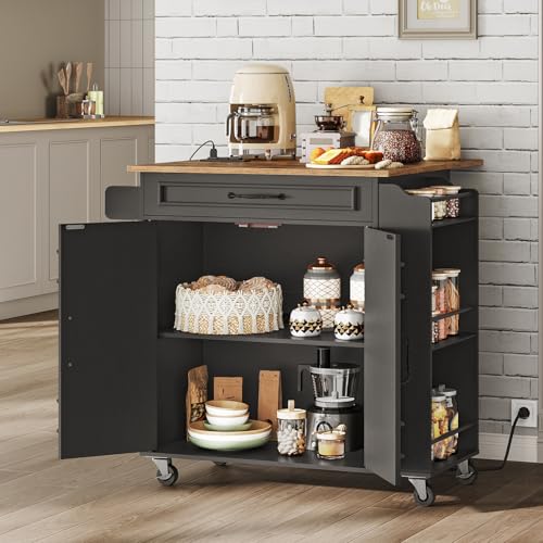 Kitchen Island with Power Outlets & Drop Leaf, Rolling Kitchen Cart on Wheels, Kitchen Storage Island with Spice Rack and Drawer for Kitchen, Dinning Room, Black and Rustic Brown - color: Black + Rustic Brown