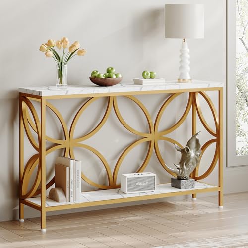 GiftGo Narrow Sofa Table 47.2 Inch, Industrial Sofa Table Behind Couch, Vintage Entry Console Table with Storage for Entryway, Living Room, Foyer, Elegant Design (White and Gold, 47.2) - color: White and Gold
