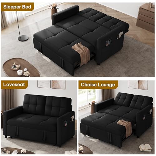 YITAHOME 55" Convertible Sofa Bed | 3-in-1 Sleeper Sofa with Iron Frame Pull-Out Bed, Linen Futon Couch with Reclining Backrest and Side Pocket, Modern Loveseat - color: Black, size: 71.2 x 46.4in