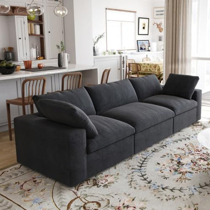 118" Cloud Modular Sofa, Convertible Modular 3 Seater Couch, Cotton Linen Fabric Sofa for Living Room, Apartment and Bedroom, Removable Covers, 2 Pillows, Black - color: Black, size: 3-Seater