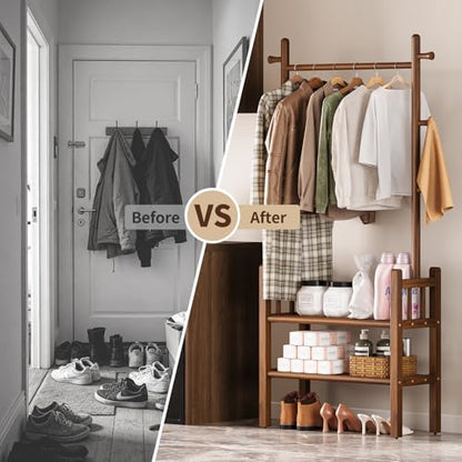 Yoobure Solid Wood Clothing Rack with Shelves - Coat Rack Freestanding with 6 Hooks, 3-in-1 Hall Tree for Hanging Clothes, Tall Garment Racks with Storage for Bedroom, Entryway, Living Room, Closet - color: Walnut