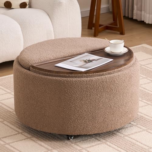 29.5" Round Storage Ottoman Coffee Table, Dual Reversible Lids, Brown | Round Ottoman Coffee Table, Swivel Casters, Hidden Storage, Dual Lift-Off Lids, Teddy Fabric, Living Room, Bedroom - color: Brown