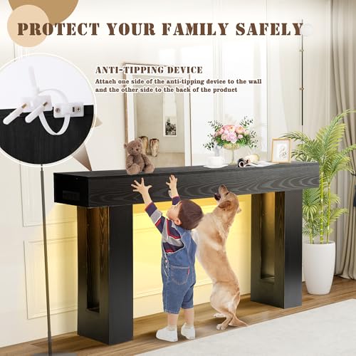 Grepatio Long Console Table with LED Light, 63 Inch Wood Entryway Table with USB Power Outlet, Narrow Sofa Behind Couch Table, Farmhouse Entry Tables for Entryway, Hallway, Living Room (LED Black) - color: Led Black