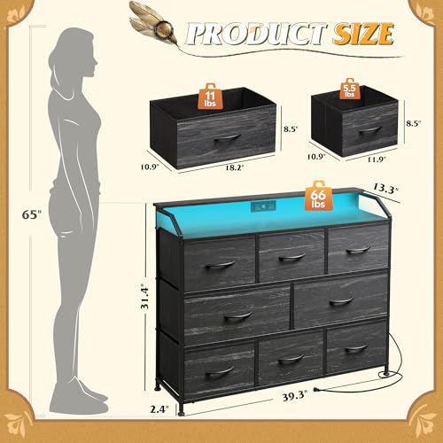 WLIVE Dresser for Bedroom, 8 Drawer LED Dresser, Black Wood Grain | 8 roomy fabric drawers, LED ambient lighting, Built-in power outlet, Bedroom or living room, Chest of drawers - color: Charcoal Black Wood Grain Print, style: 8 Drawers with LED