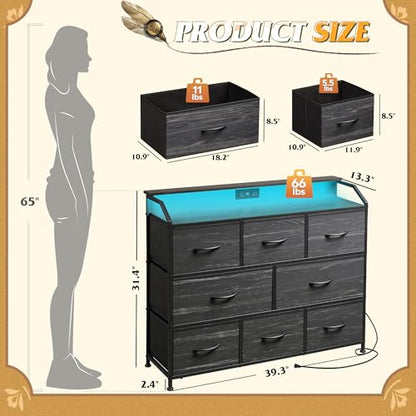 WLIVE Dresser for Bedroom, 8 Drawer LED Dresser, Black Wood Grain | 8 roomy fabric drawers, LED ambient lighting, Built-in power outlet, Bedroom or living room, Chest of drawers - color: Charcoal Black Wood Grain Print, style: 8 Drawers with LED
