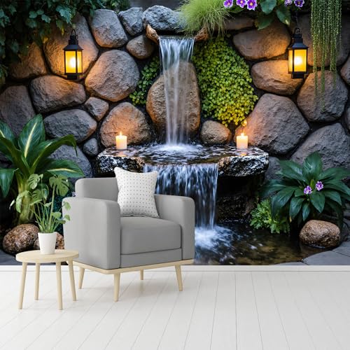 Custom Size Wall Murals, Serene Backyard Water Feature Rustic Stone Wall Lanterns, Self-Adhesive Removable Wall Covering Fabric, Large Photo Wallpaper for Living Room Bedroom Kitchen Office Kids