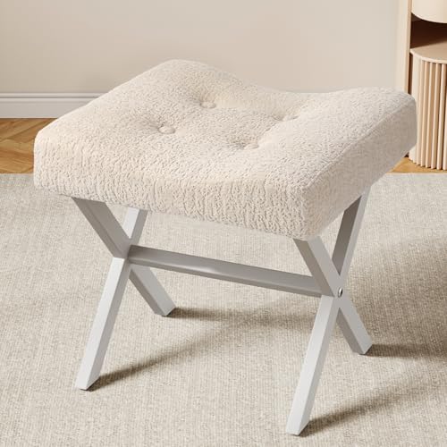 18-Inch Large Vanity Stool Chair, Beige Makeup Stool | Vanity Bench, Metal X-Legs, 350 LBS, 20"x16.9"x18", Ottoman Accent Stool, Breathable Soft Boucle Fabric Saddle Seat - size: Large, style: Beige Fabric