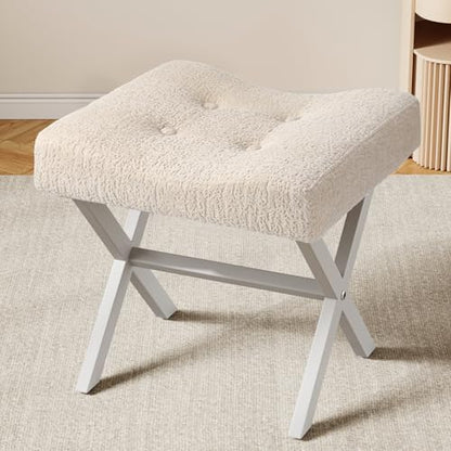 18-Inch Large Vanity Stool Chair, Beige Makeup Stool | Vanity Bench, Metal X-Legs, 350 LBS, 20"x16.9"x18", Ottoman Accent Stool, Breathable Soft Boucle Fabric Saddle Seat - size: Large, style: Beige Fabric