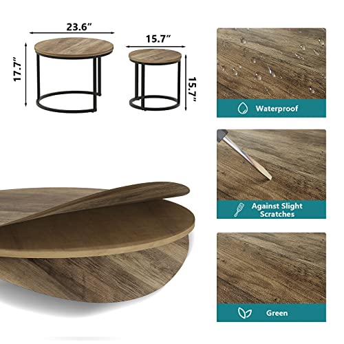 Smuxee Nesting Coffee Table Set of 2, 23.6" Round Coffee Table Wood Grain Top with Adjustable Non-Slip Feet, Industrial End Table Side Tables for Living Room Bedroom Balcony Yard - color: Oak, size: 23.6"W