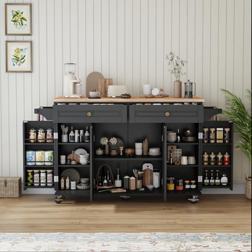 59 Kitchen Island Cart with Drop Leaf Breakfast Bar, Rolling Mobile Kitchen Island Table on Wheels with Storage Cabinet, Drawer, Spice/Towel Rack, Black - size: 59 Inch