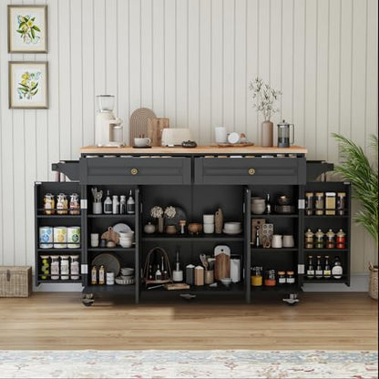 59 Kitchen Island Cart with Drop Leaf Breakfast Bar, Rolling Mobile Kitchen Island Table on Wheels with Storage Cabinet, Drawer, Spice/Towel Rack, Black - size: 59 Inch