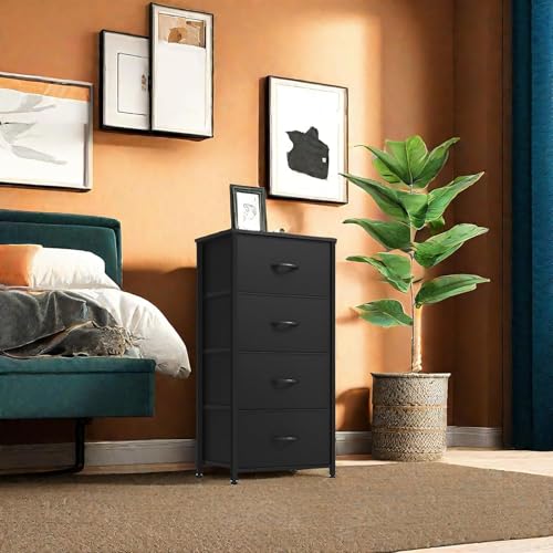 DWVO Storage Tower with 4 Drawers - Fabric Dresser | Organizer Unit for Bedroom, Living Room, Closets, Sturdy Steel Frame, Easy Pull Fabric Bins, Wooden Top - color: Cool Black, style: 4-Drawer