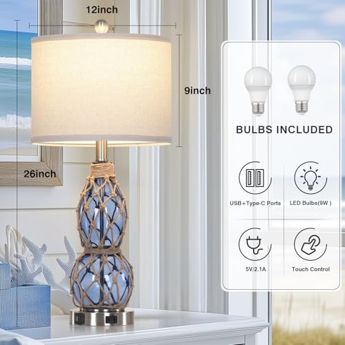 Rinweey 26" Coastal Glass Table Lamps Set of 2, 3-Way Dimmable Touch Lamps with USB Ports and AC Outlet, Nautical Bedside Lamps for Bedroom Living Room - color: Blue-2