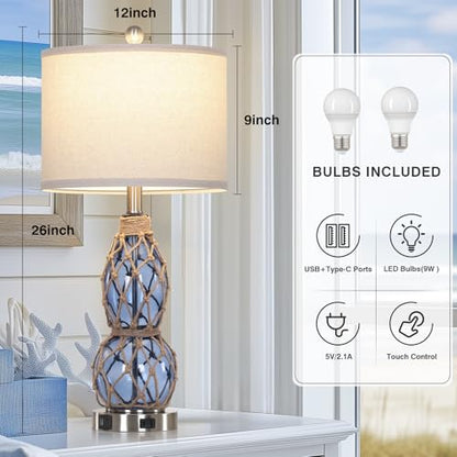 Rinweey 26" Coastal Glass Table Lamps Set of 2, 3-Way Dimmable Touch Lamps with USB Ports and AC Outlet, Nautical Bedside Lamps for Bedroom Living Room - color: Blue-2